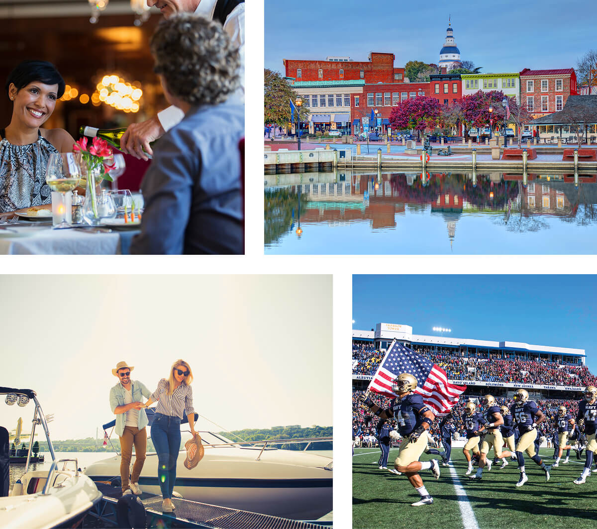 Four photos in a grid of life in Annapolis Town Center, including casual and upscale restaurants, boutiques and shops, nearby marinas, and Navy football.