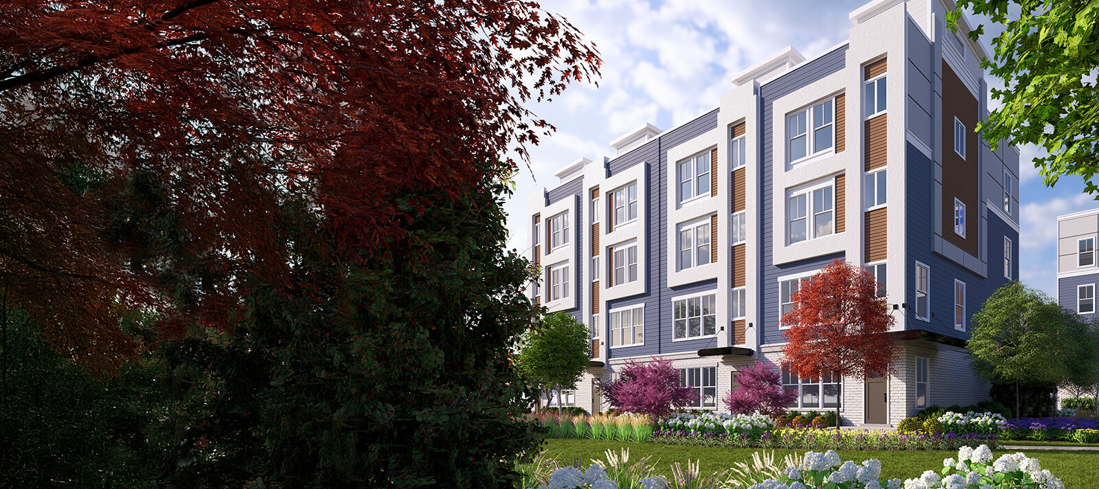 Exterior rendering of Towne Row luxury townhomes in Annapolis, featuring contemporary and timeless architecture with upscale curb appeal.