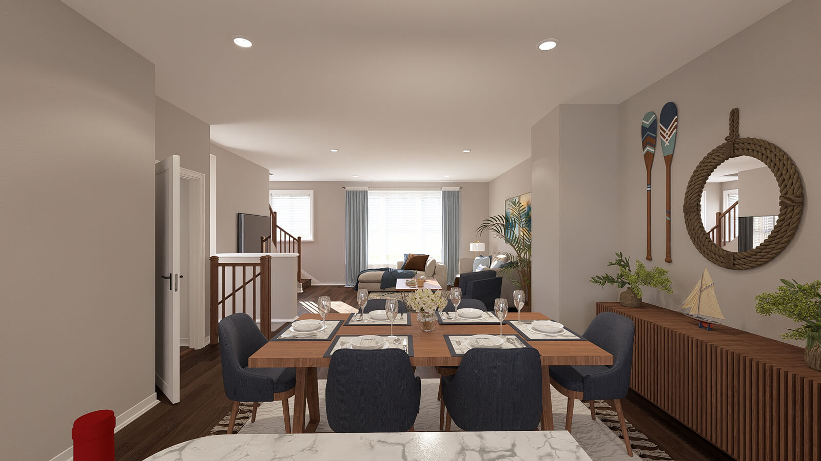 Alternate view rendering of spacious dining area with modern lighting and open floor plan of a Towne Row Annapolis luxury townhome.