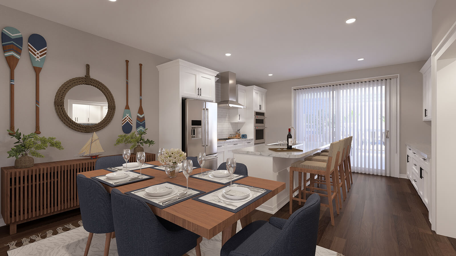 Rendering of spacious dining area with modern lighting and open floor plan in a townhome at Towne Row Annapolis.