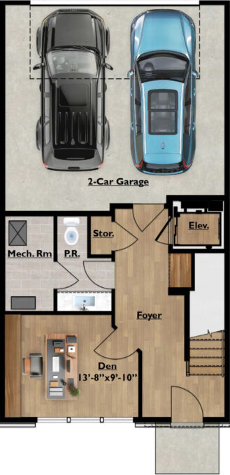 First floor layout of Towne Row Annapolis townhome with foyer, elevator, and two-car garage.