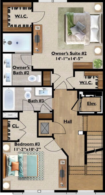 Fourth floor layout of Towne Row Annapolis townhome with additional living areas.