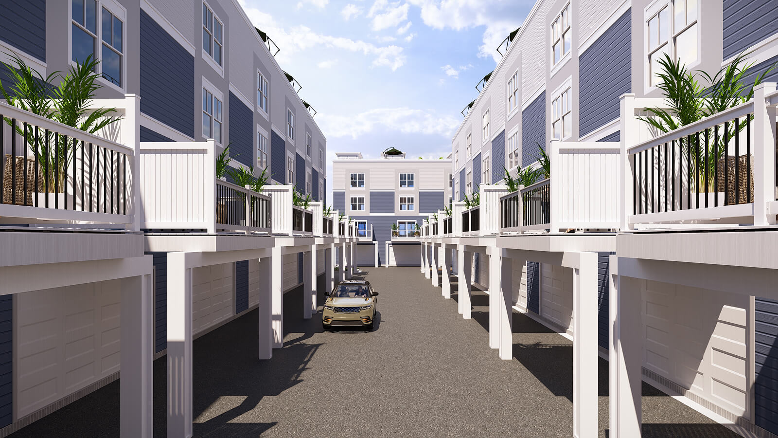 Rendering of two-car garages with additional parking in Towne Row Annapolis townhome.