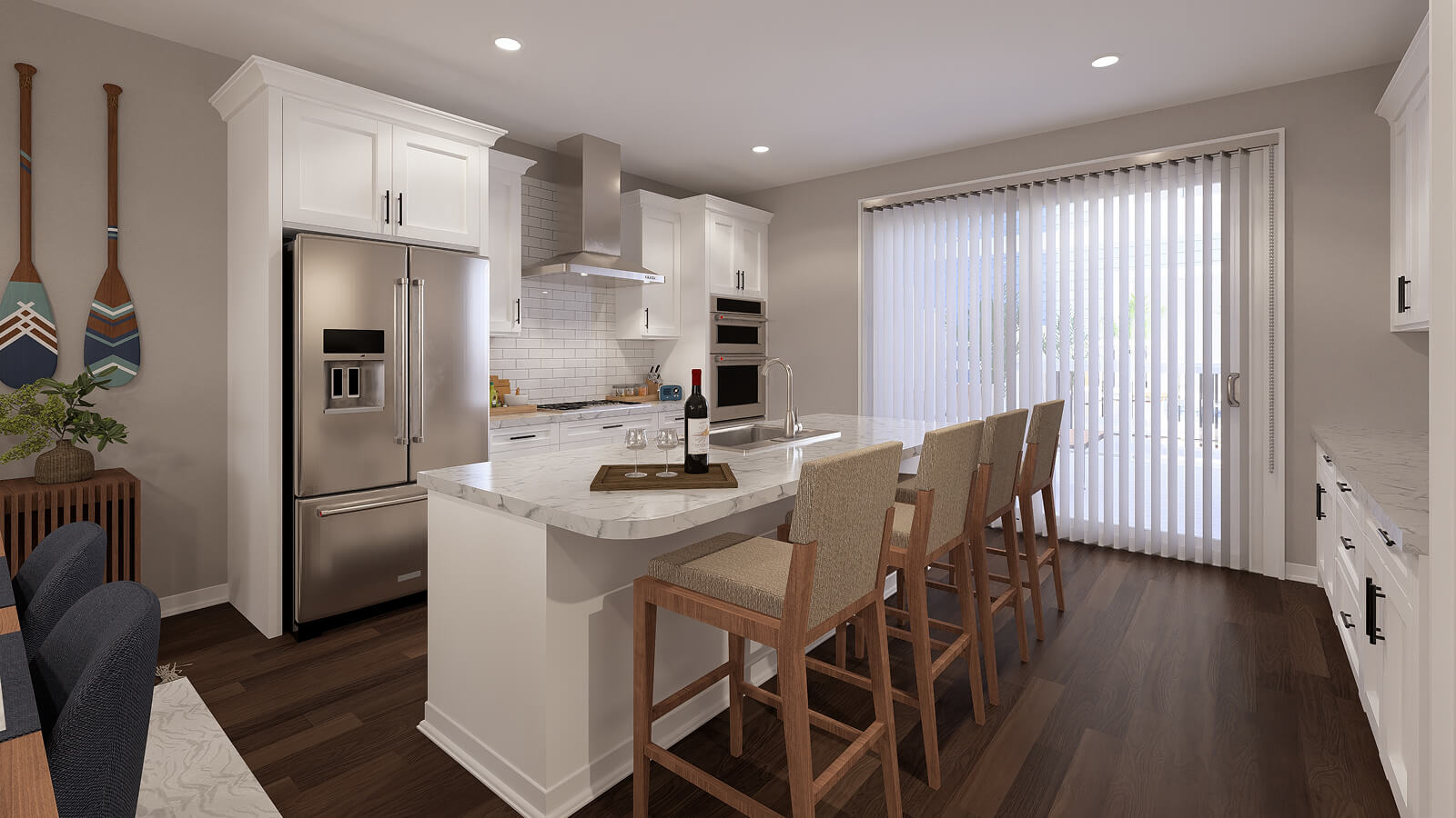 Rendering of gourmet kitchen with quartz countertops and high-end appliances in Towne Row Annapolis luxury townhome.