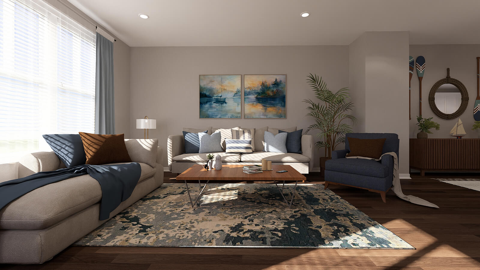 Rendering of elegant living room with hardwood floors and designer finishes in Towne Row Annapolis.