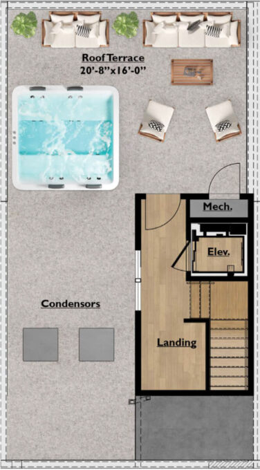 Rooftop terrace plan of Towne Row Annapolis townhome with space for outdoor living, including a hot tub.