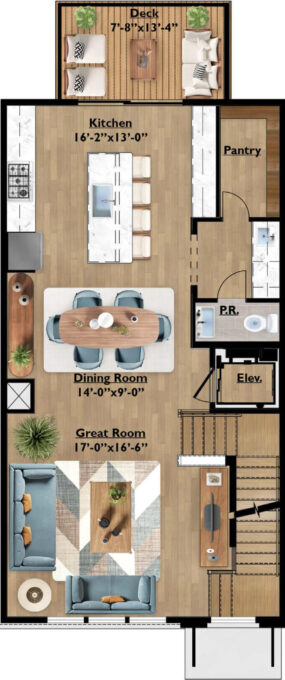 Second floor open plan layout of Towne Row Annapolis townhome featuring the kitchen, dining room, and outdoor deck.
