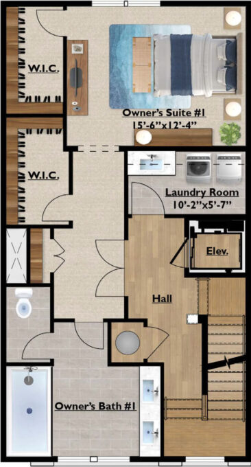 Third floor layout of Towne Row Annapolis townhome with the expansive first owner’s suite, bathroom, and laundry room.